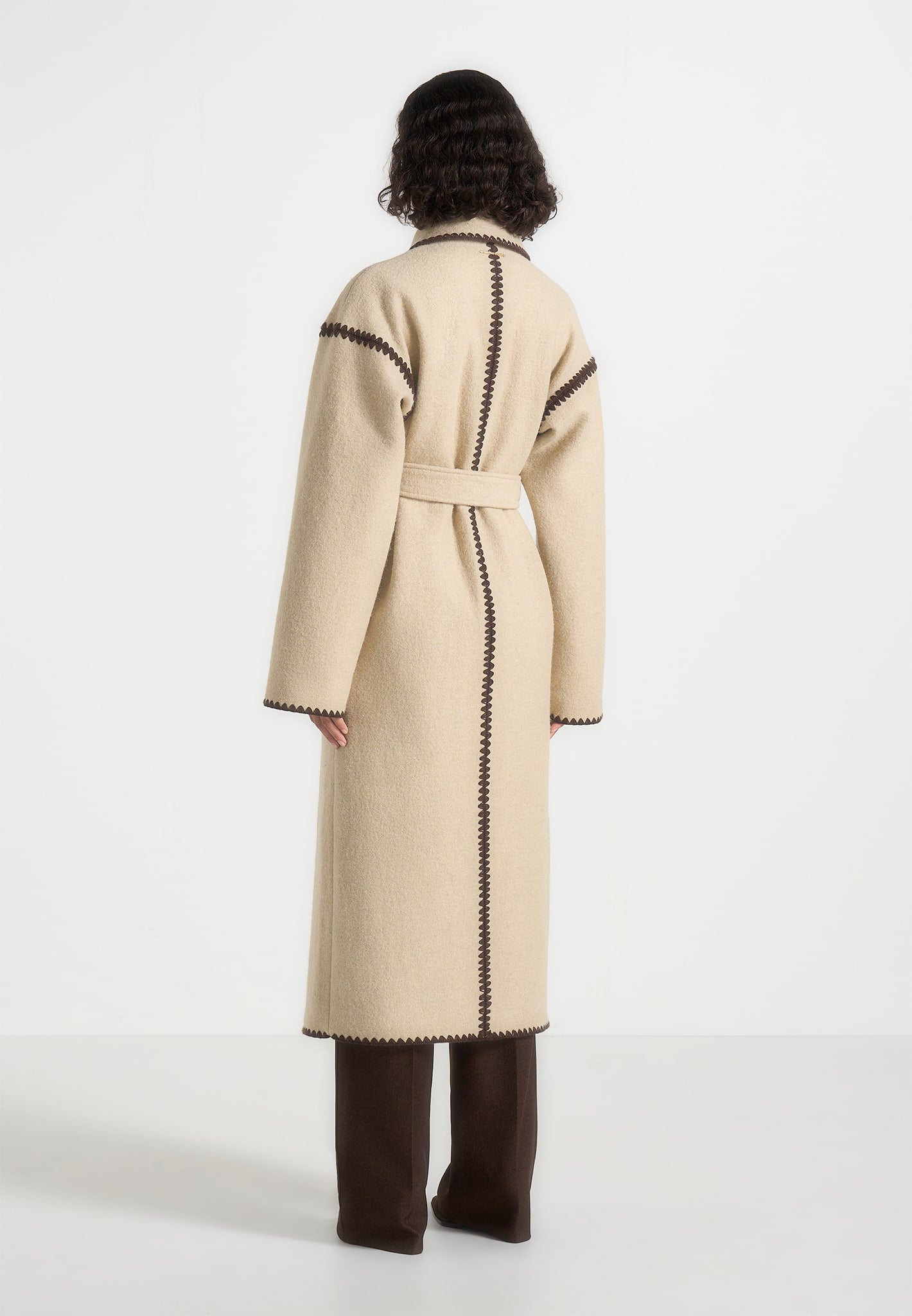 Elora - Wool Blanket Stitch Belted Longline Coat - Beige