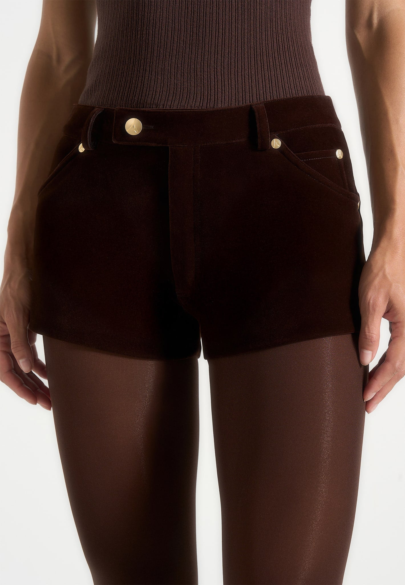 Samia - Velvet Patent Mini Shorts - Brown