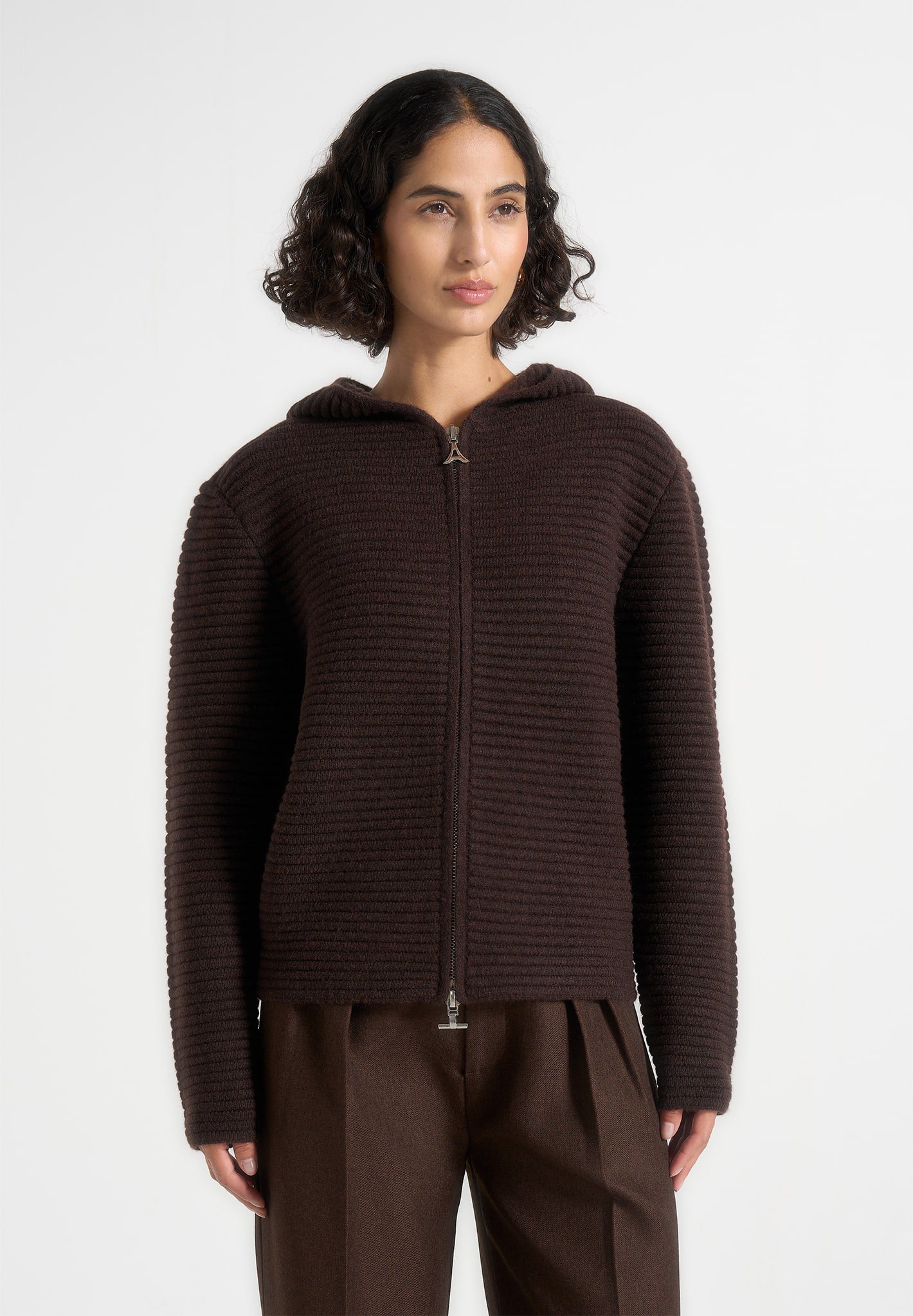 Eden - Unisex Ribbed Knit Zip Up Hoodie - Brown 