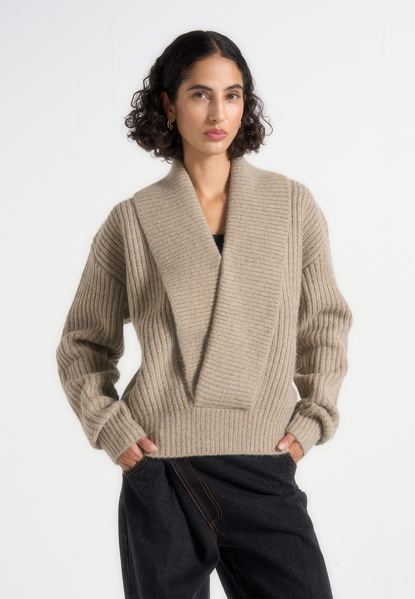 Azra - Plunge Knit Jumper - Taupe 