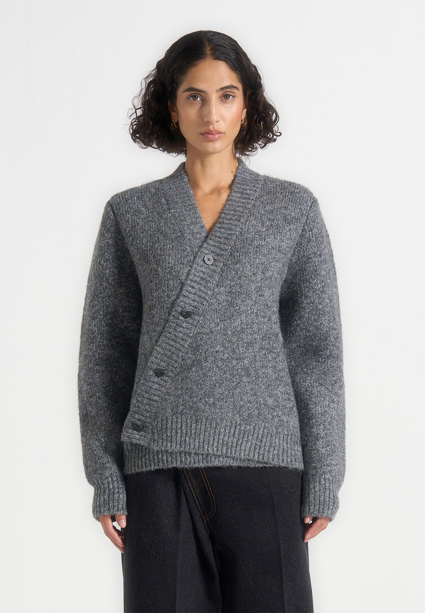 Dani - Unisex Asymmetric Brushed Wool Knit Cardigan - Grey