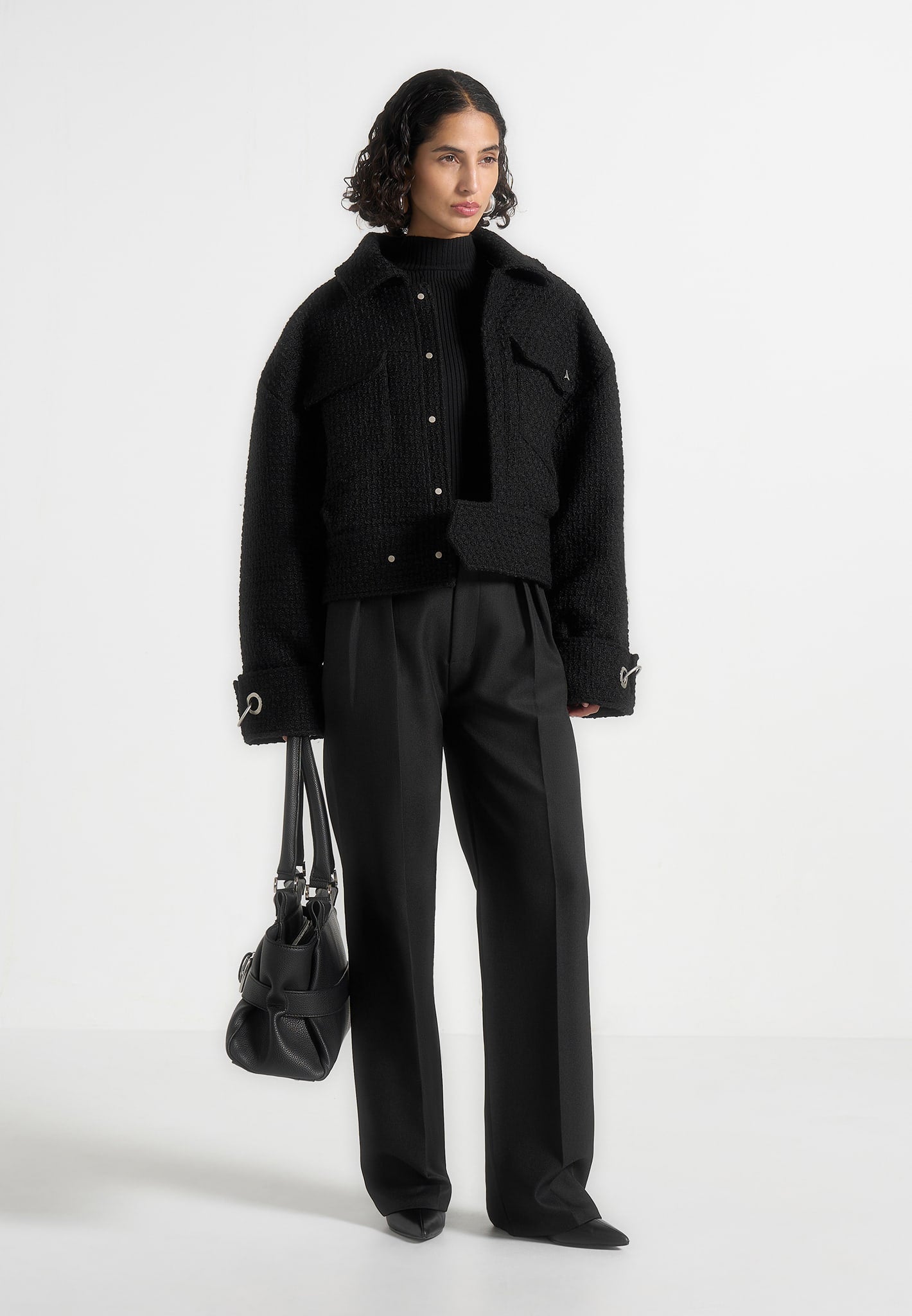 Naela - Boxy Tweed Jacket With Cuff Detail - Black 