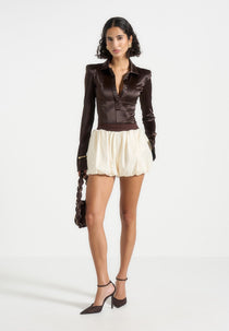 Zoe - Satin Balloon Shorts - Ivory/Brown