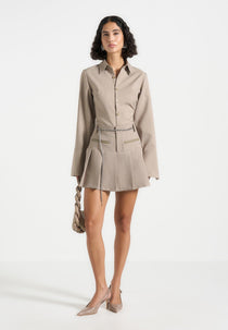 Elise - Tailored Pleated Skort with Belt - Taupe