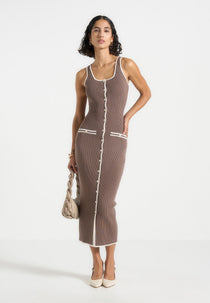 Daphne - Rib Knit Contrast Midi Dress - Brown/Cream