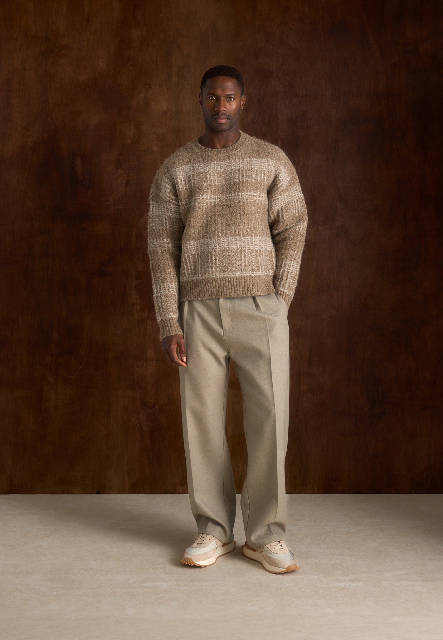 Ayden - Check Wool Knit Jumper - Taupe/Beige 