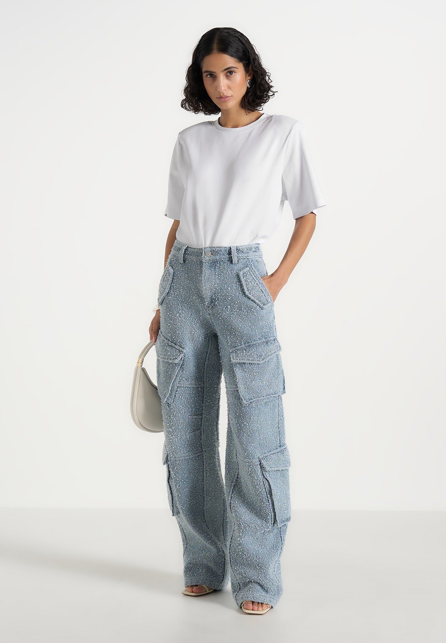 Anne - Denim High Waisted Boucle Cargo Pants - Mid Blue 