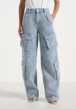 Anne - Denim High Waisted Boucle Cargo Pants - Mid Blue