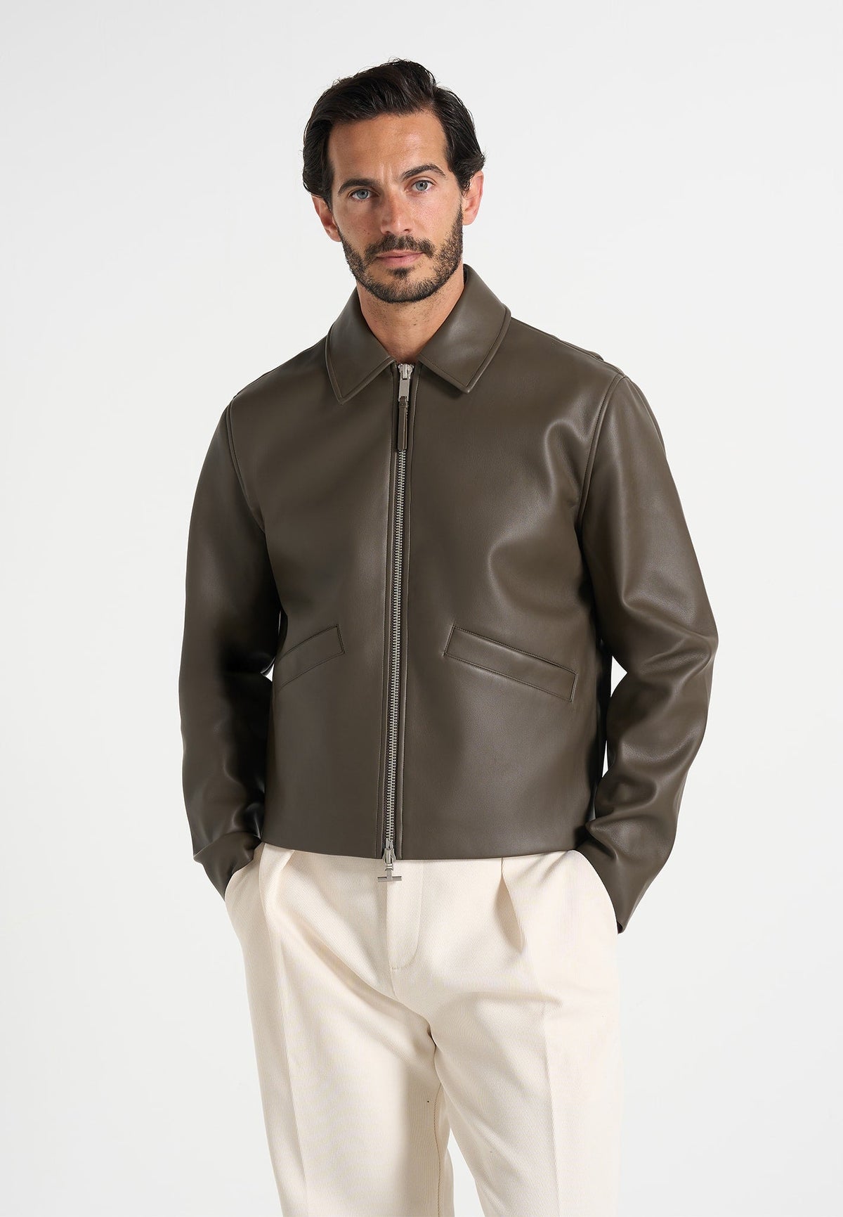 Yves - Minimal Leather Jacket - Olive