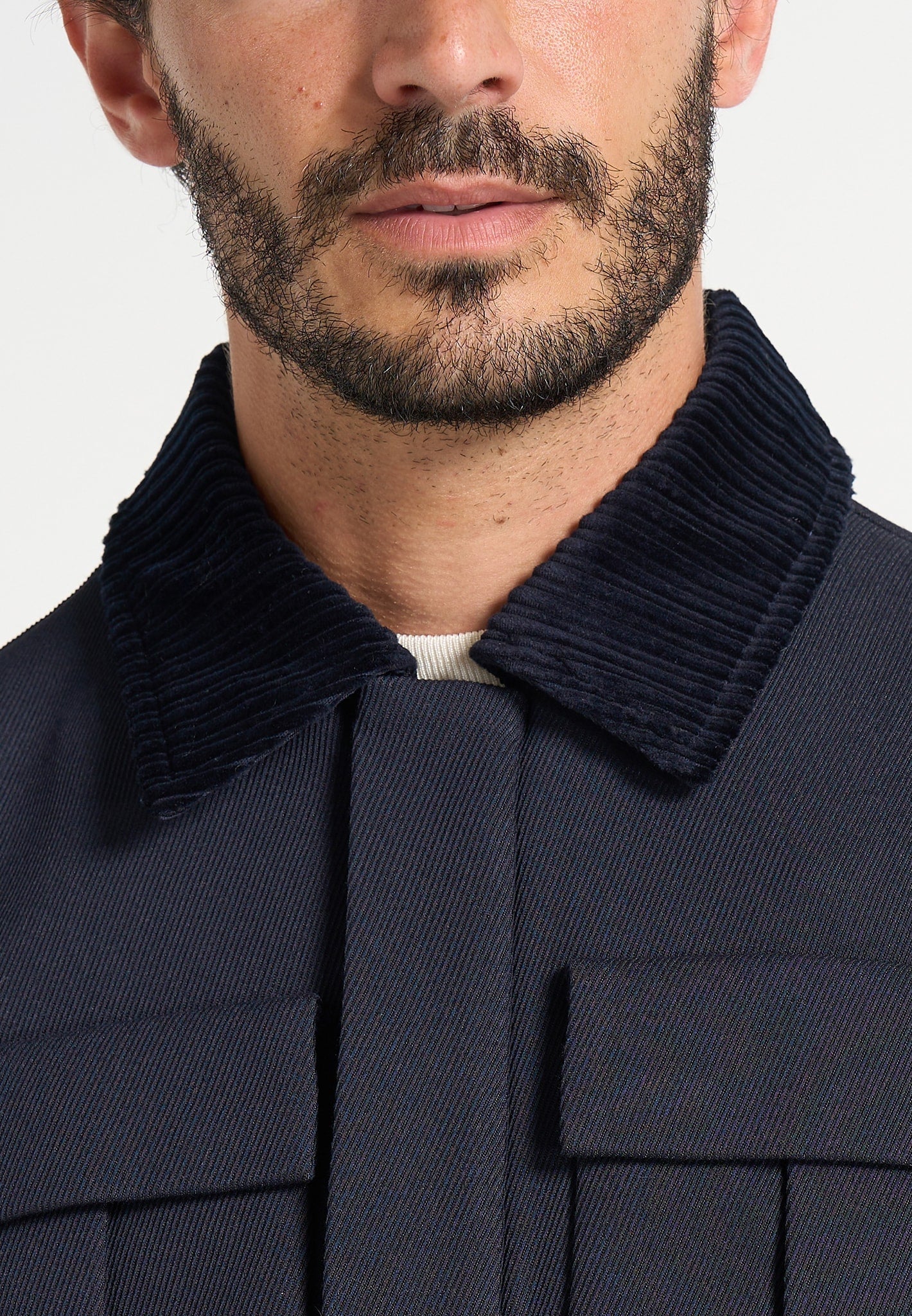 Twill Trucker Jacket with Velvet Collar - Navy