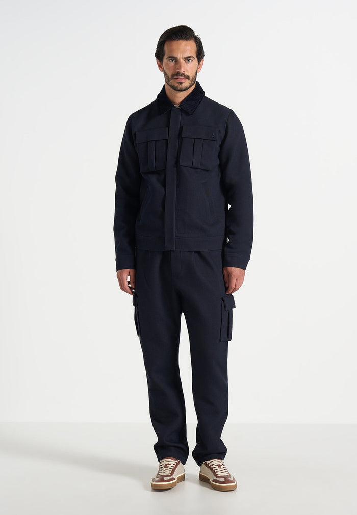Twill Trucker Jacket with Velvet Collar - Navy