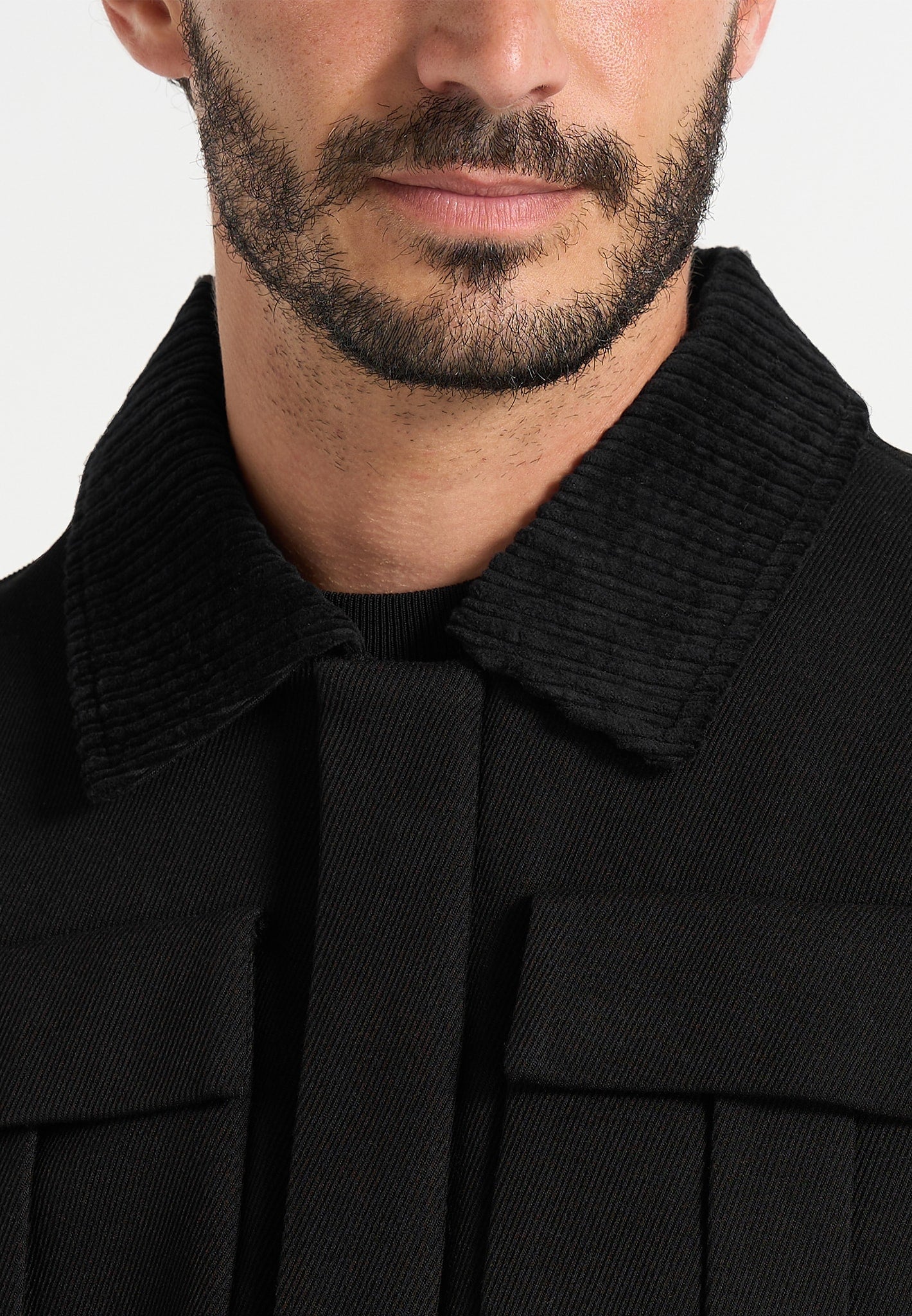 Twill Trucker Jacket with Velvet Collar - Black