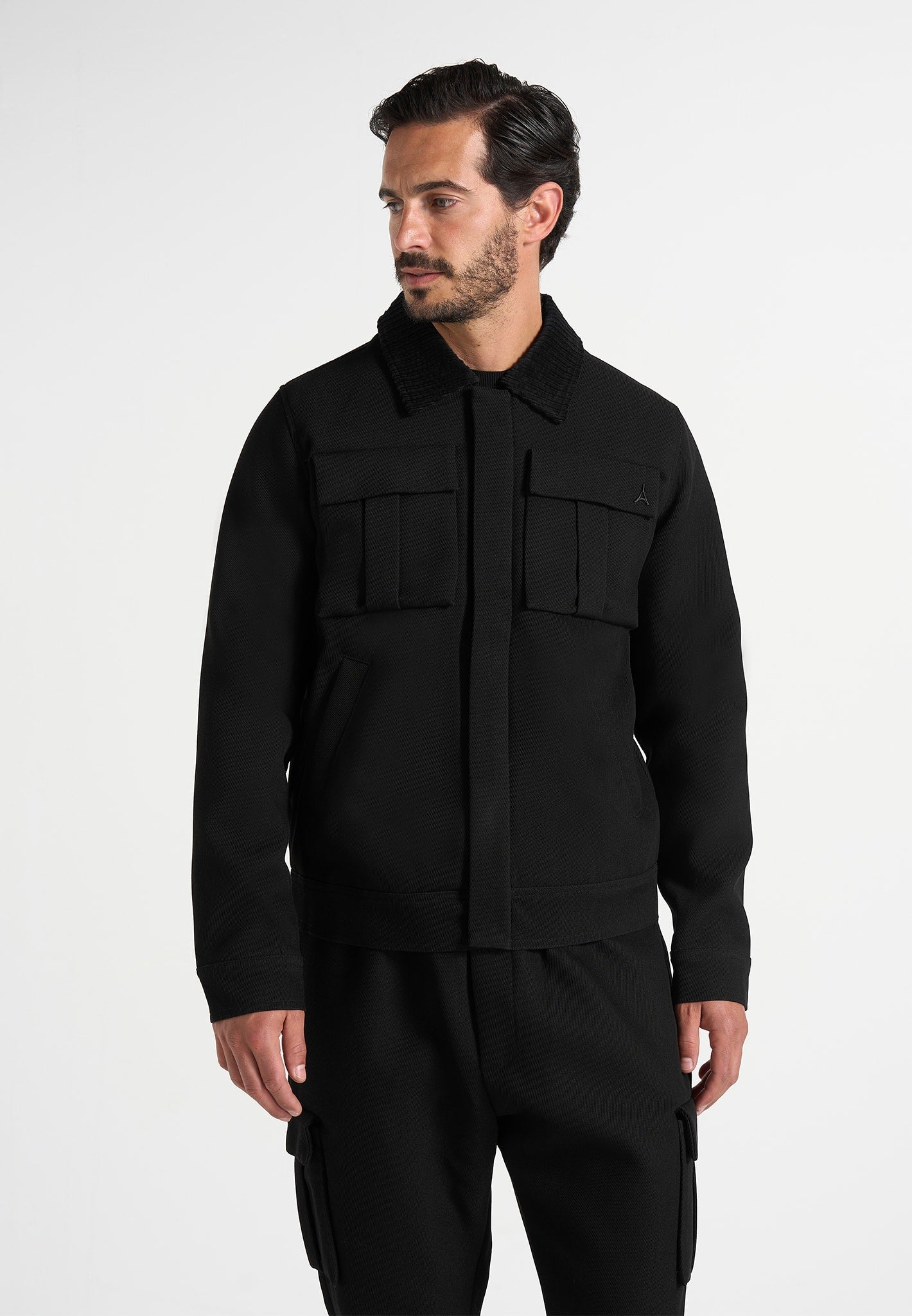 Twill Trucker Jacket with Velvet Collar - Black