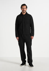 Twill Trucker Jacket with Velvet Collar - Black