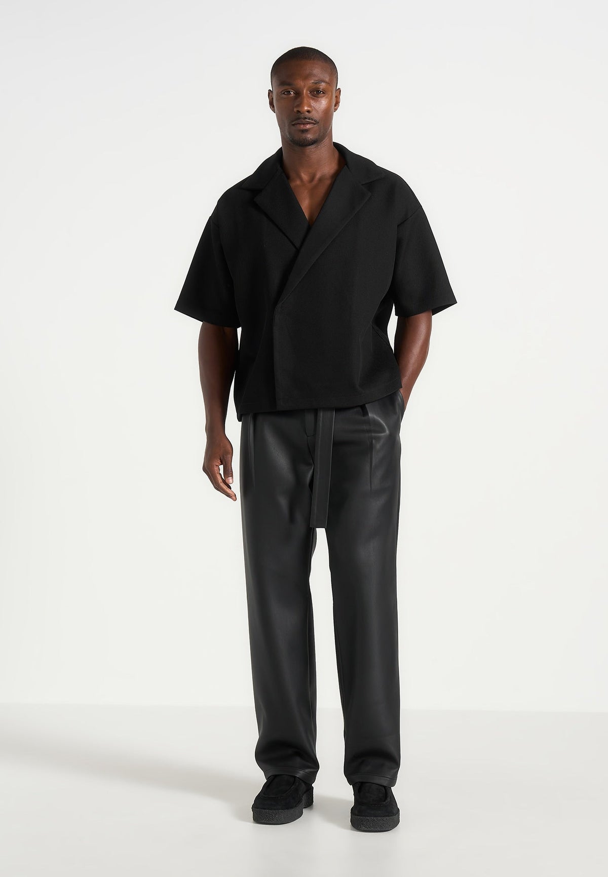 Serge - Relaxed Fit Leather Pleated Pants - Black