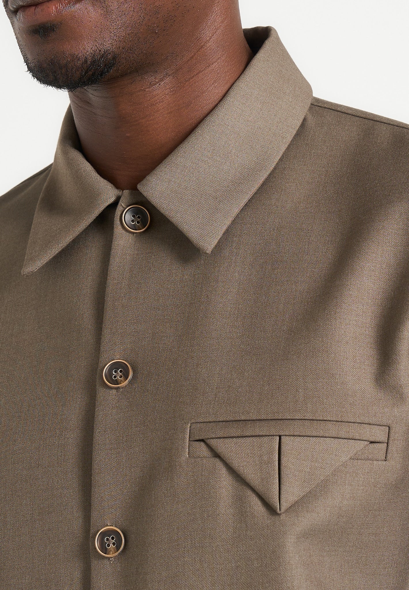 Leo - Hatched Tailored Long Sleeve Overshirt - Khaki
