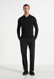 PL002 - Luxe Knitted Long Sleeve Polo Top - Black
