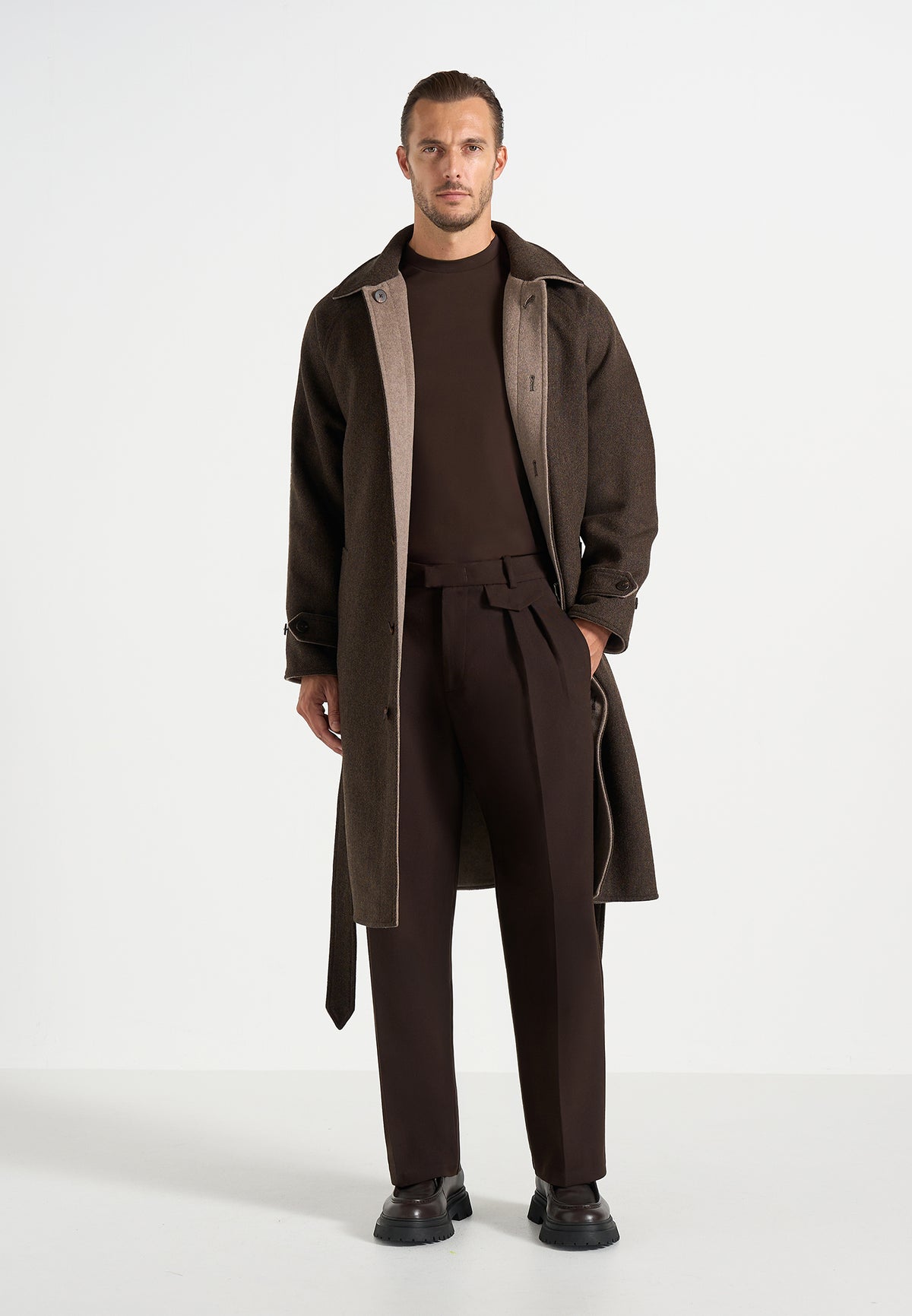 Alfie - Reversible Belted Wool-Blend Car Coat - Brown / Taupe