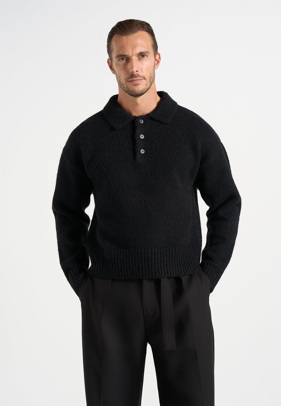 Finn - Brushed Wool-Blend Polo Knit Sweater - Black