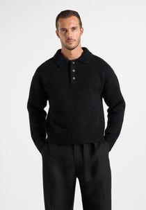 Finn - Brushed Wool-Blend Polo Knit Sweater - Black
