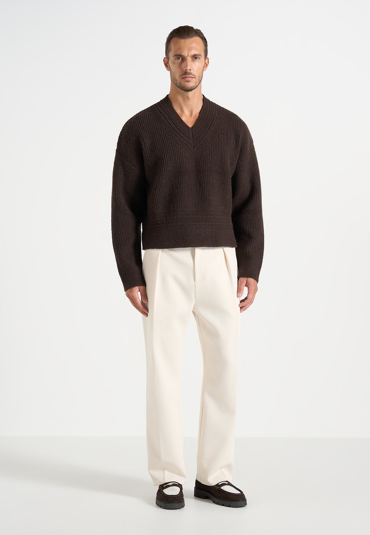 Remi - Signature Ribbed Wool-Blend V-Neck Sweater - Dark Brown