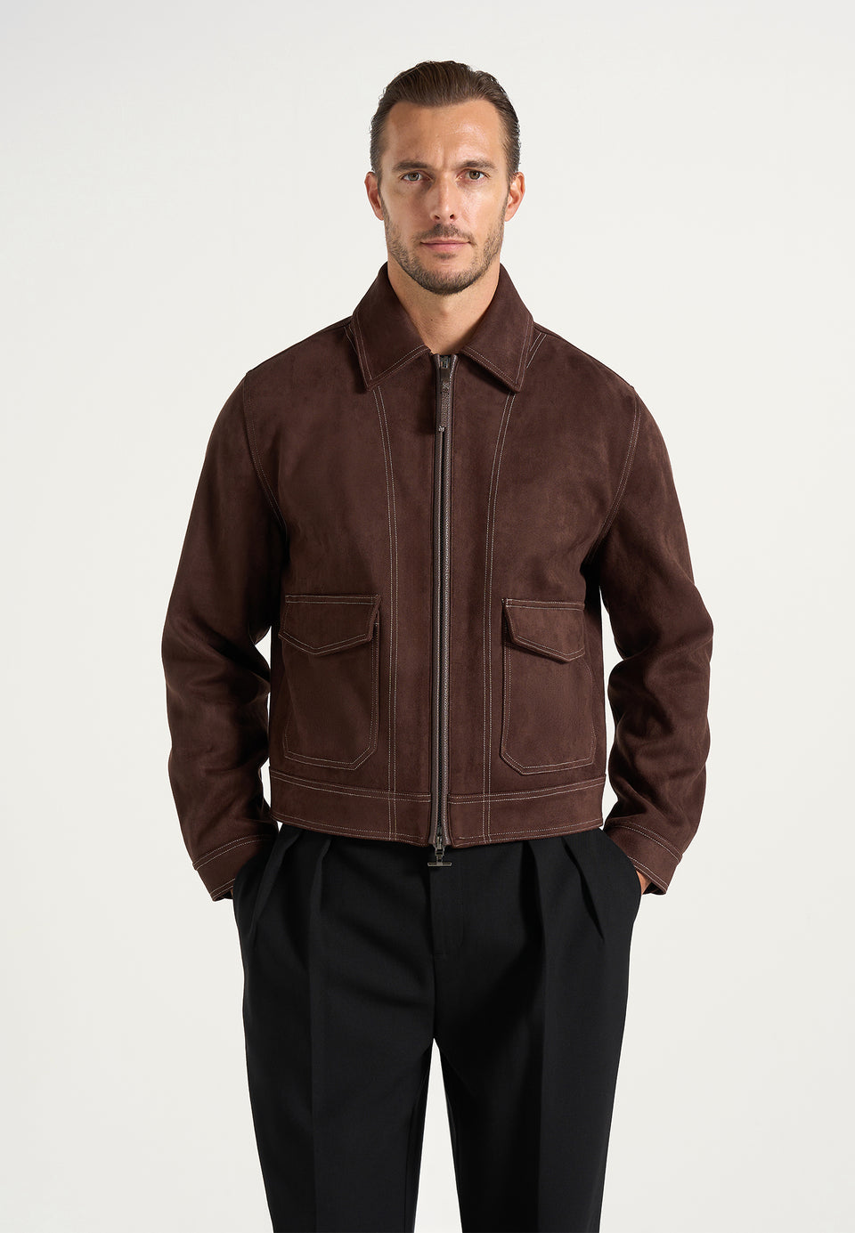 Vince - Suede Contrast Stitch Jacket - Brown