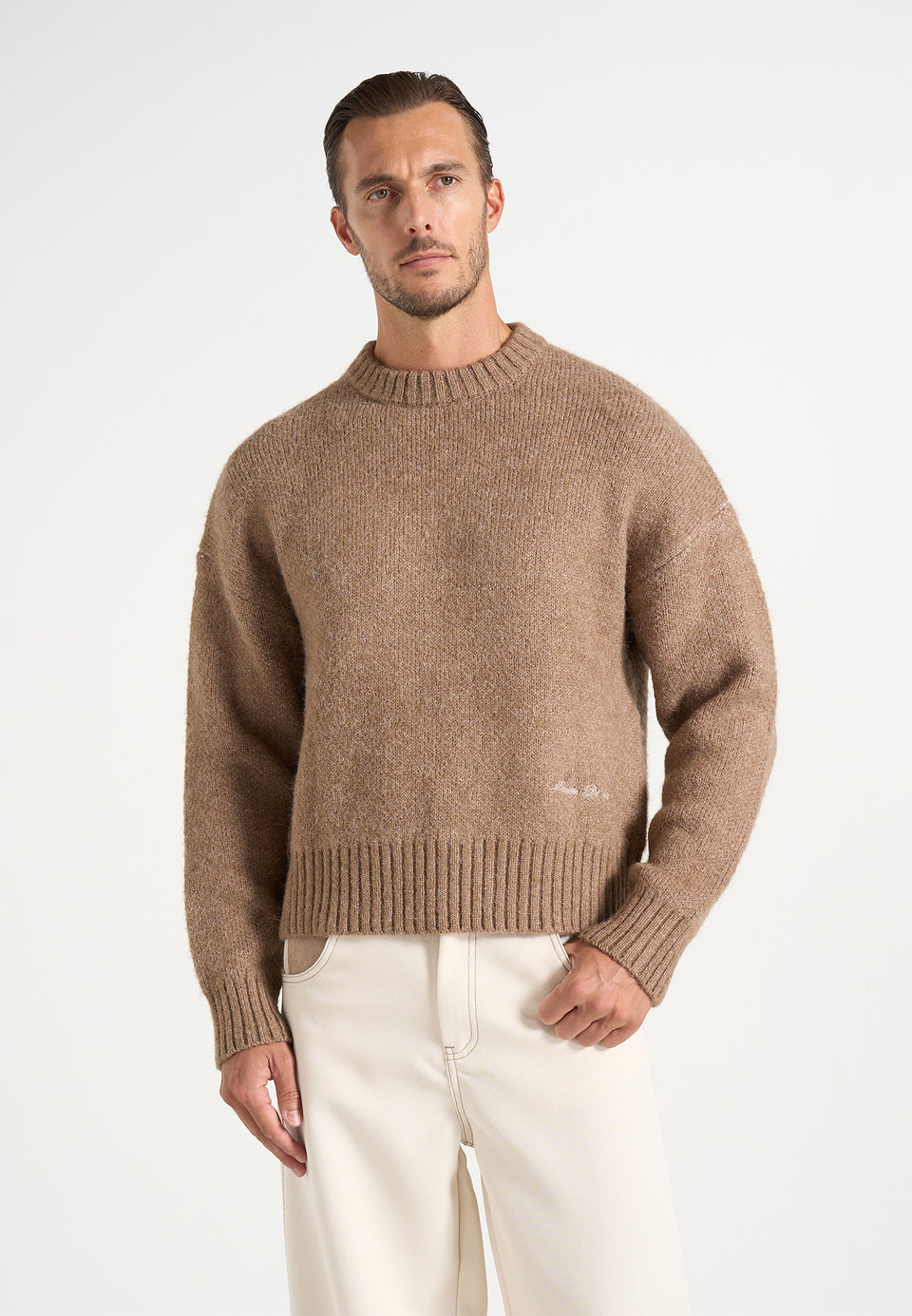 Kamil - Art Slogan Speckled Brushed Wool-Blend Knit Sweater - Beige