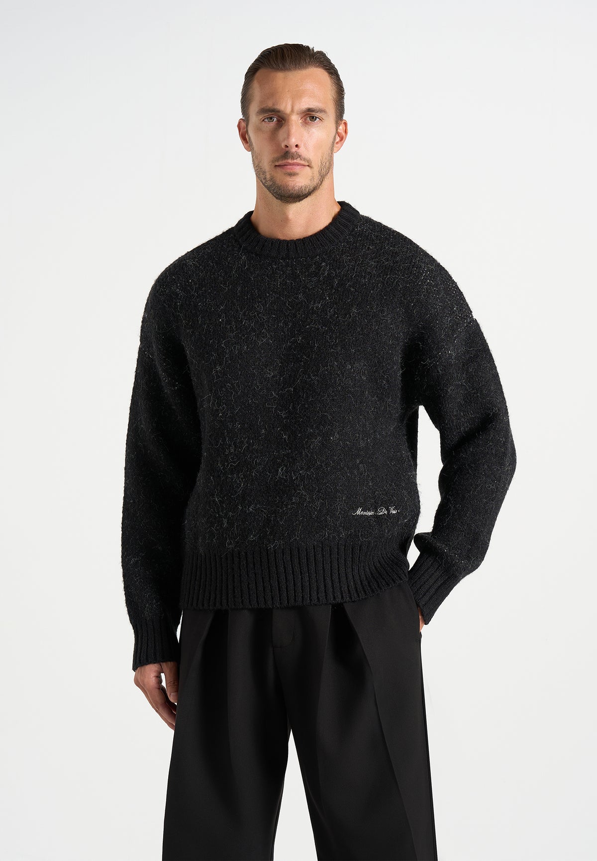 Kamil - Art Slogan Speckled Brushed Wool-Blend Knit Sweater - Black