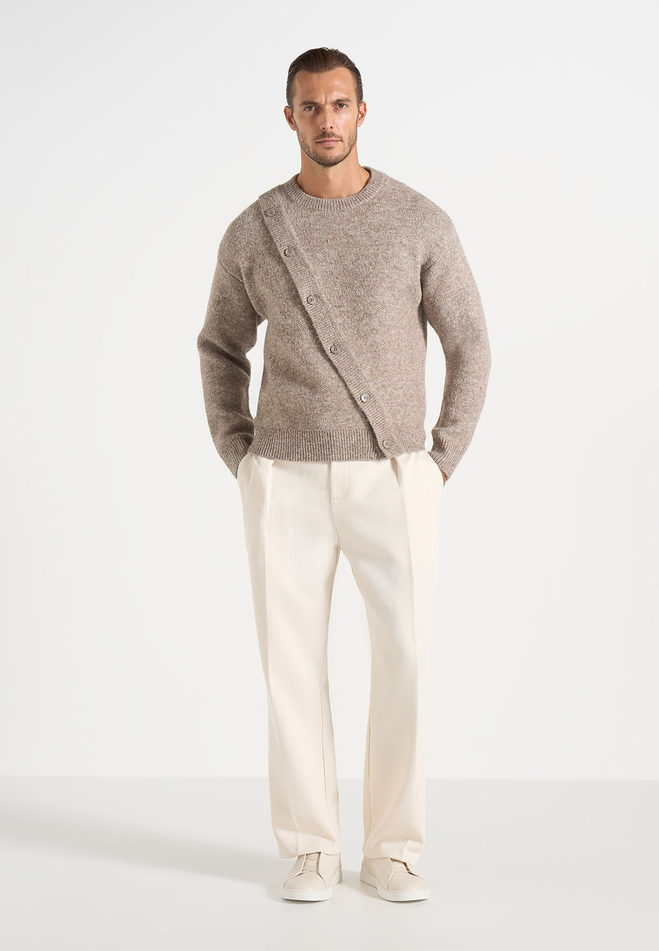 Theo - Asymmetric Brushed Wool-Blend Knit Sweater - Taupe
