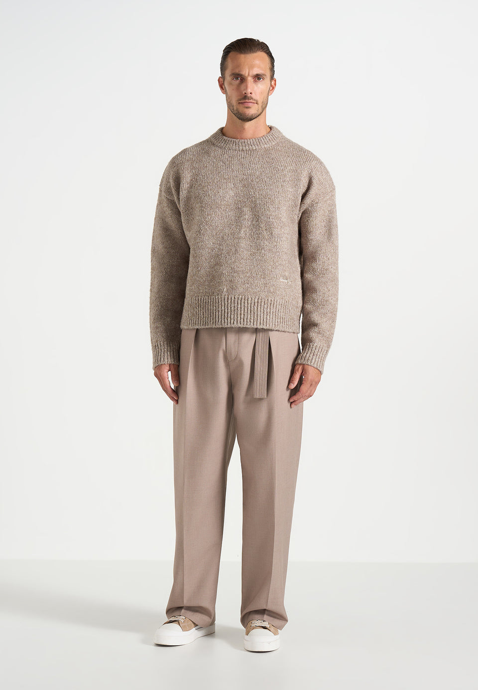 KW001 - Brushed Wool-Blend Knit Signature Sweater - Beige