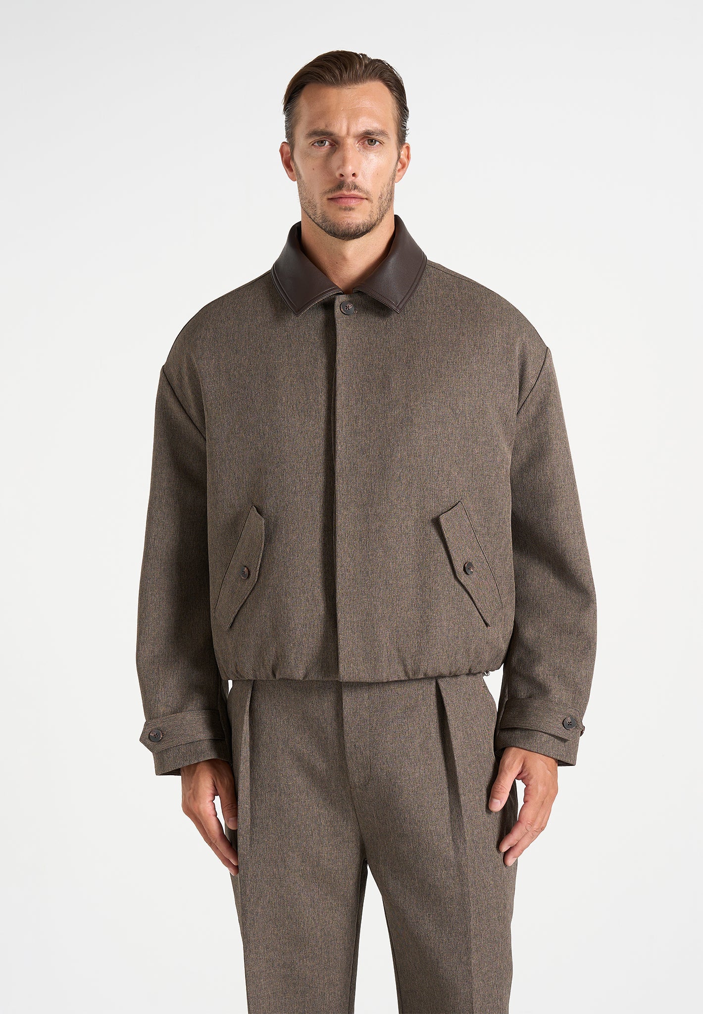 Cameron - Unisex Oversized Textured Tailored Bomber Jacket - Taupe
