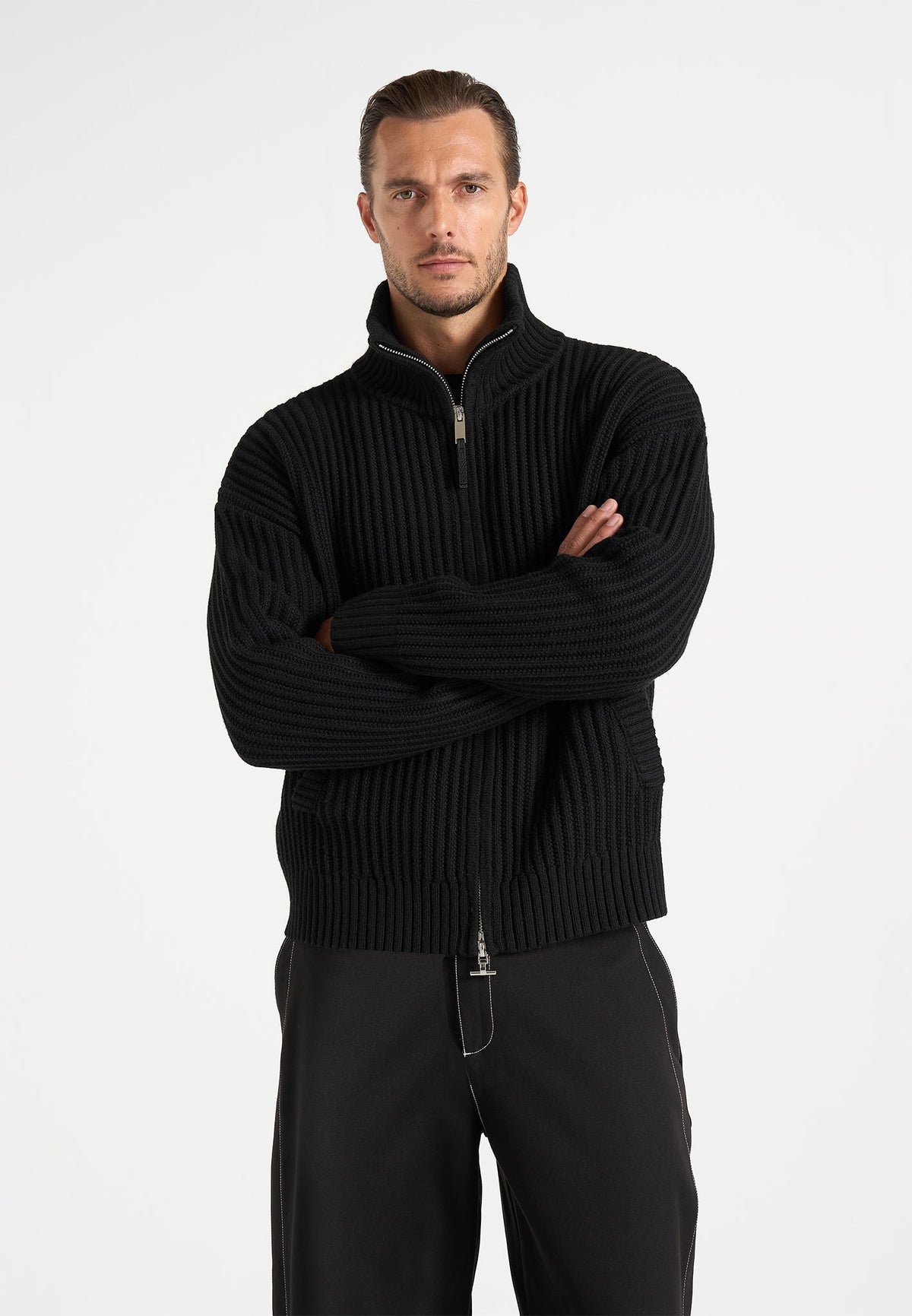 Kyle - Rib Knit Wool-Blend Signature Jacket - Black
