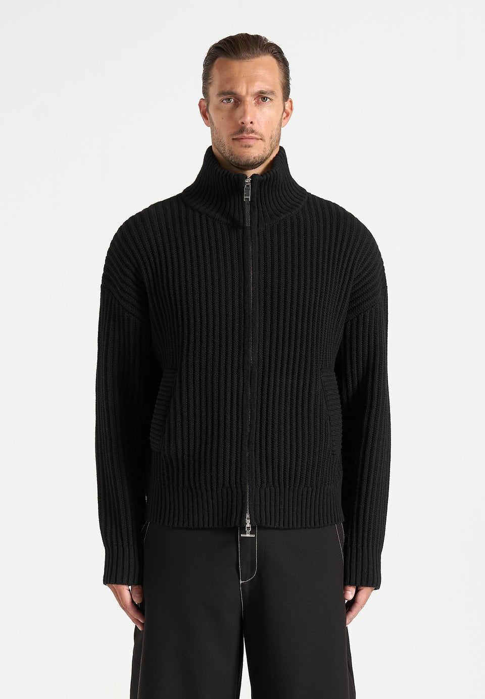 Kyle - Unisex Applique Detail Ribbed Knit Jacket - Black