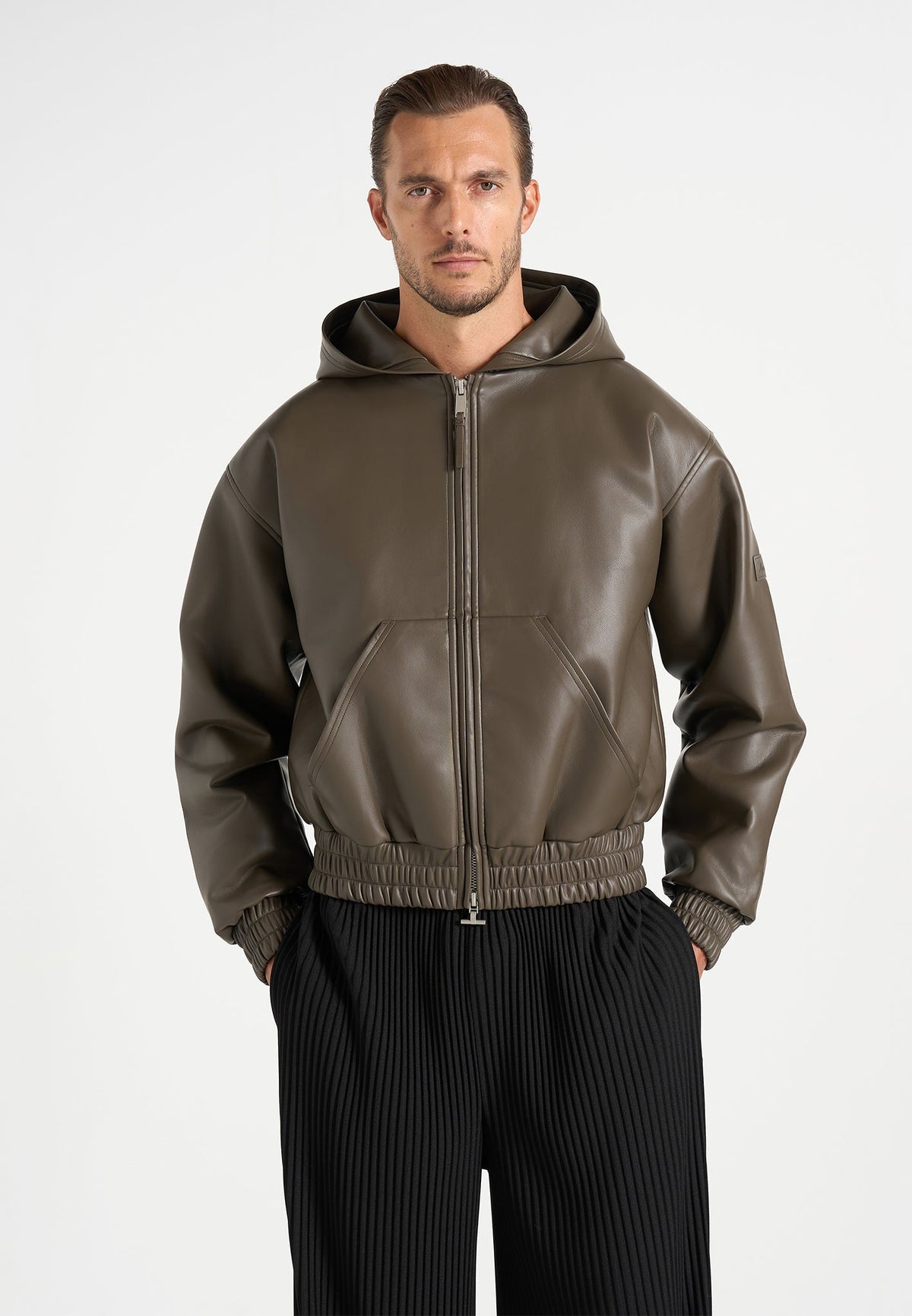 Jude - Unisex Leather Zip-Through Hooded Jacket - Olive