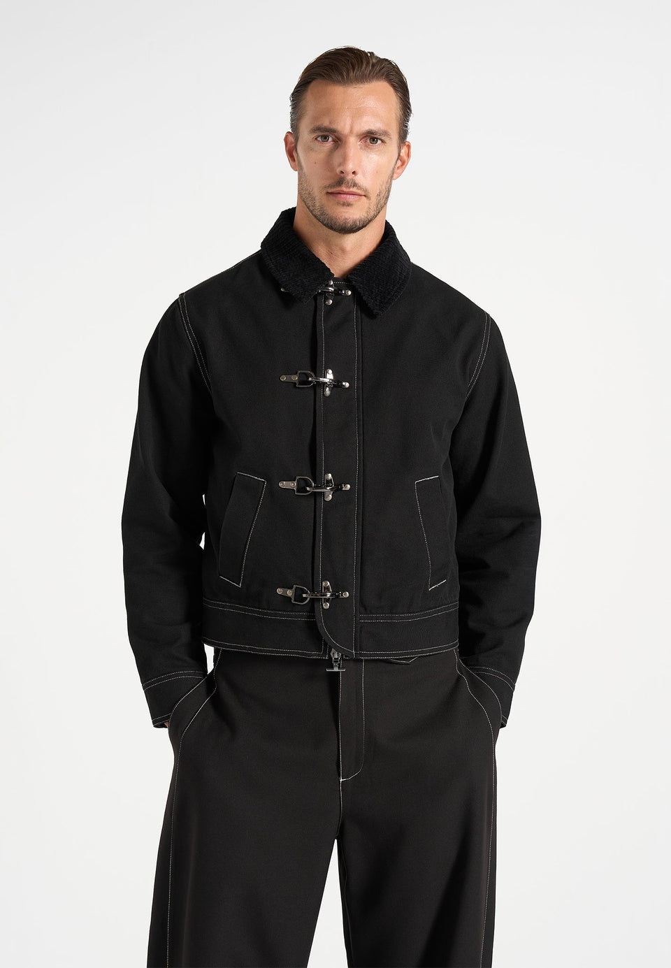 Nino - Unisex Clasp Detail Contrast Stitch Gabardine Jacket - Black