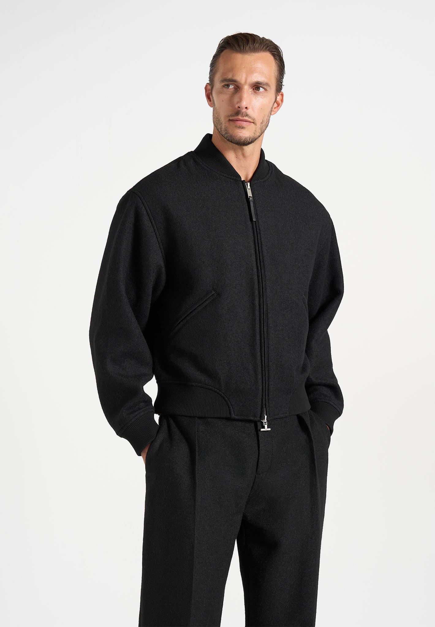 Leandro - Herringbone Brushed Wool Bomber Jacket - Black