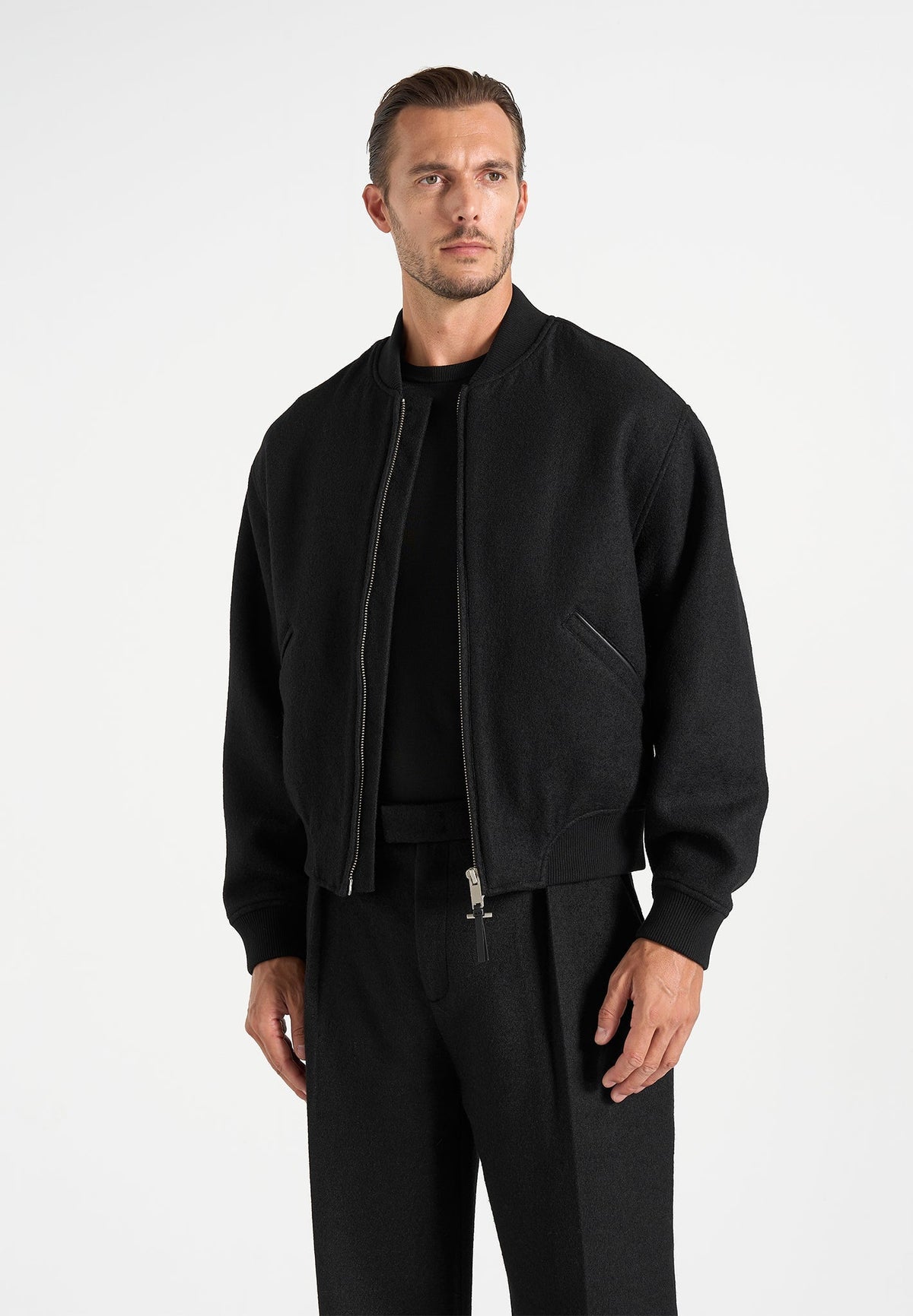 Leandro - Herringbone Brushed Wool Bomber Jacket - Black