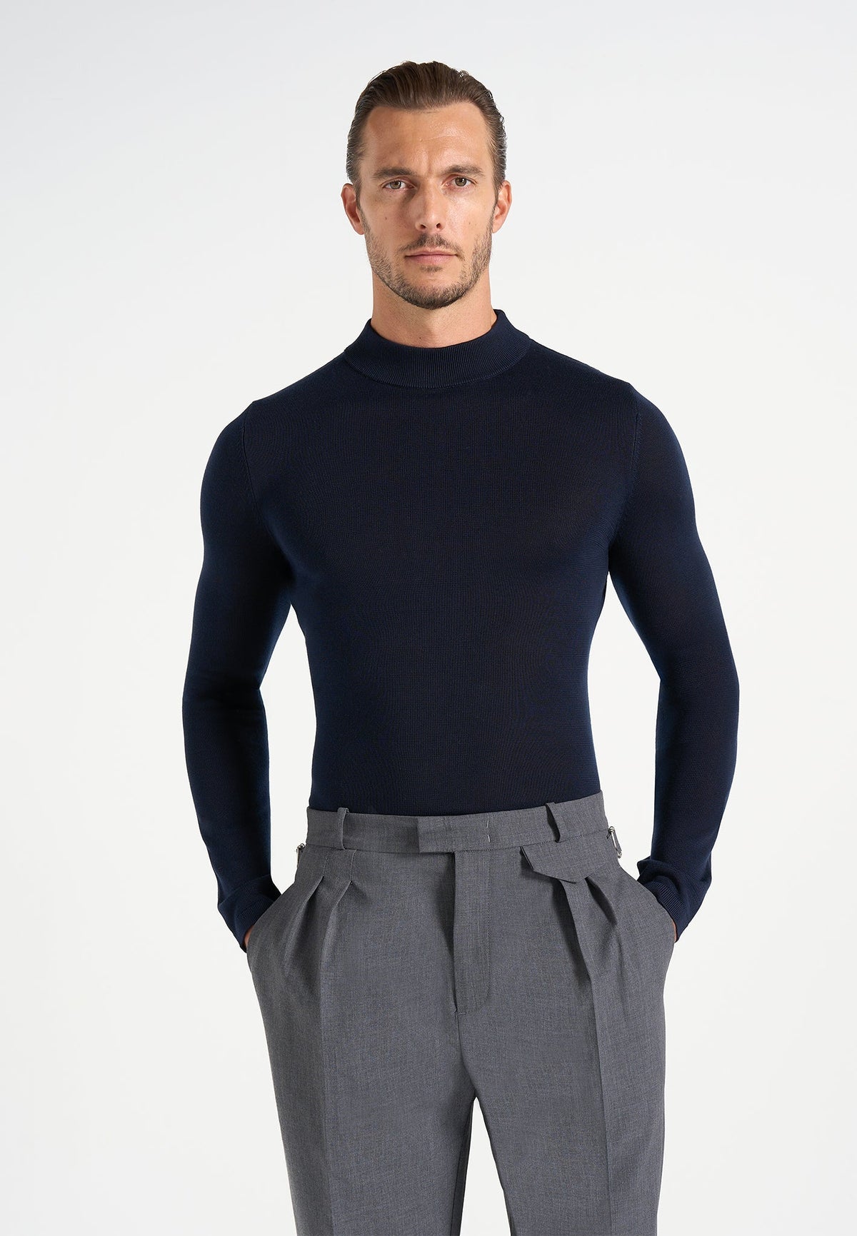 KW003 - Fitted Mock Neck Wool-Blend Sweater - Navy