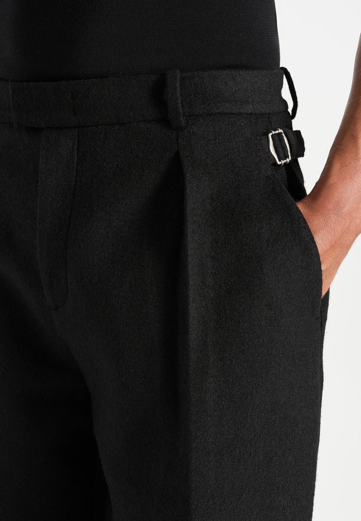 Dorian - Herringbone Brushed Wool Pleated Pants - Black