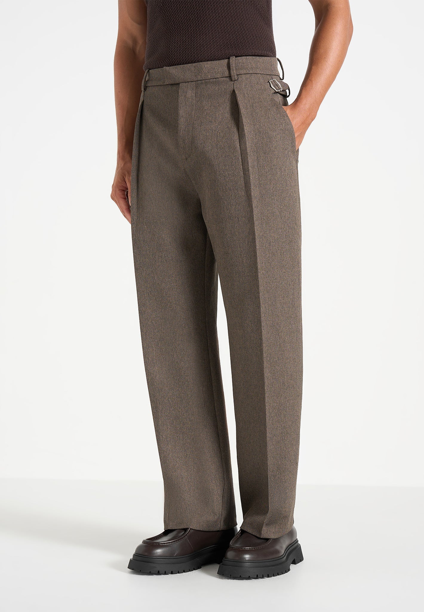 Dorian - Relaxed Fit Pleated Textured Tailored Pants - Taupe
