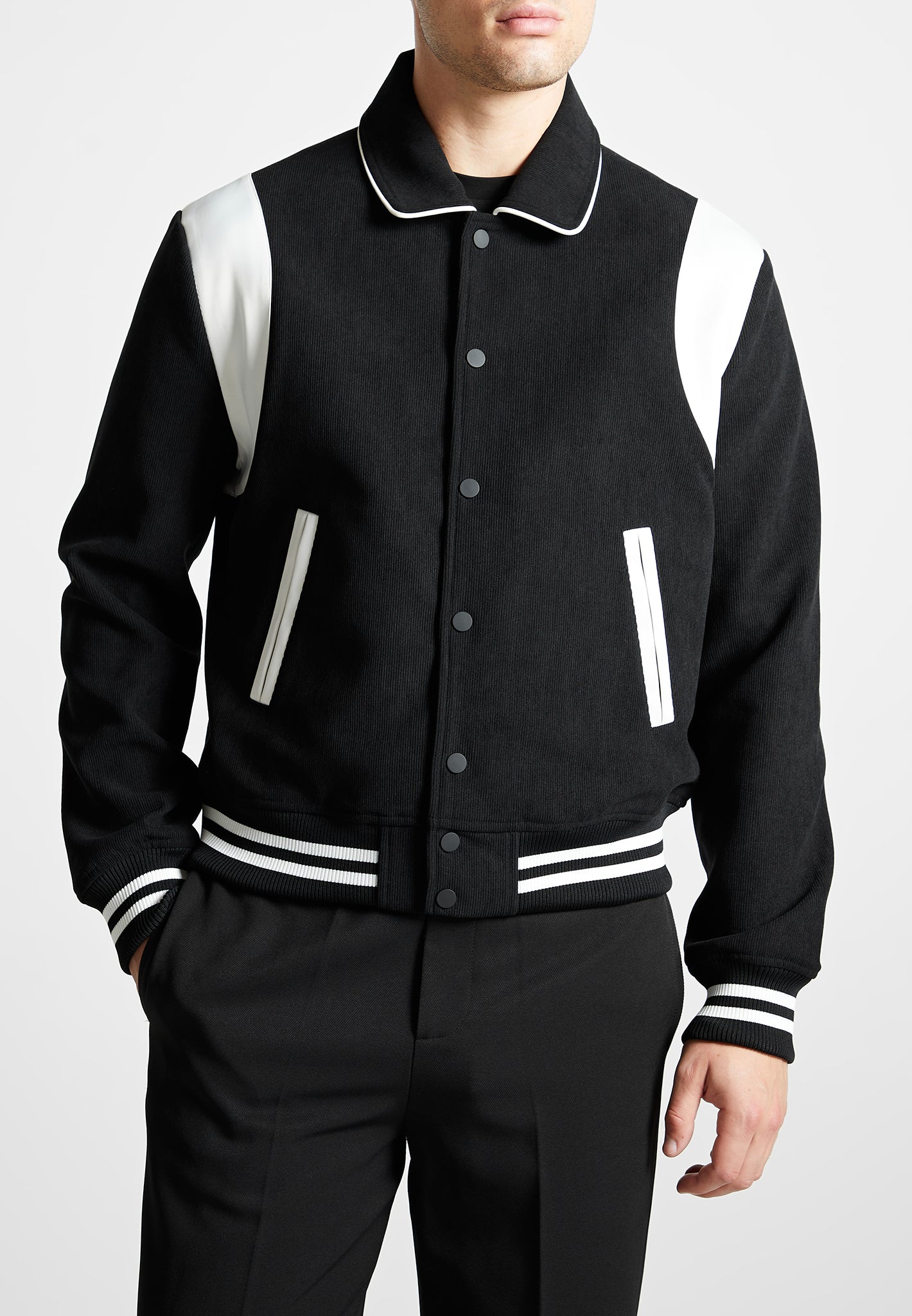 Satin Panel Corduroy Varsity Jacket - Black