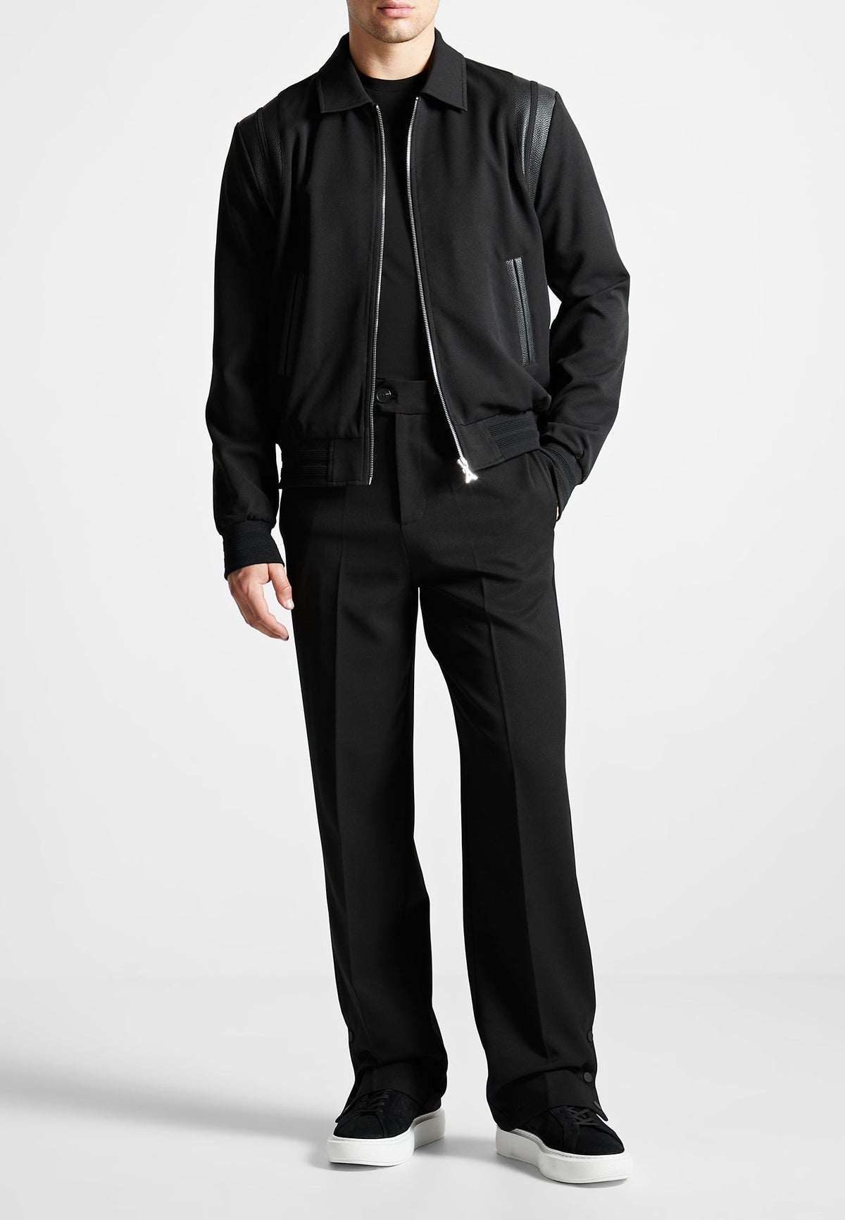 Leather Panelled Varsity Jacket - Black
