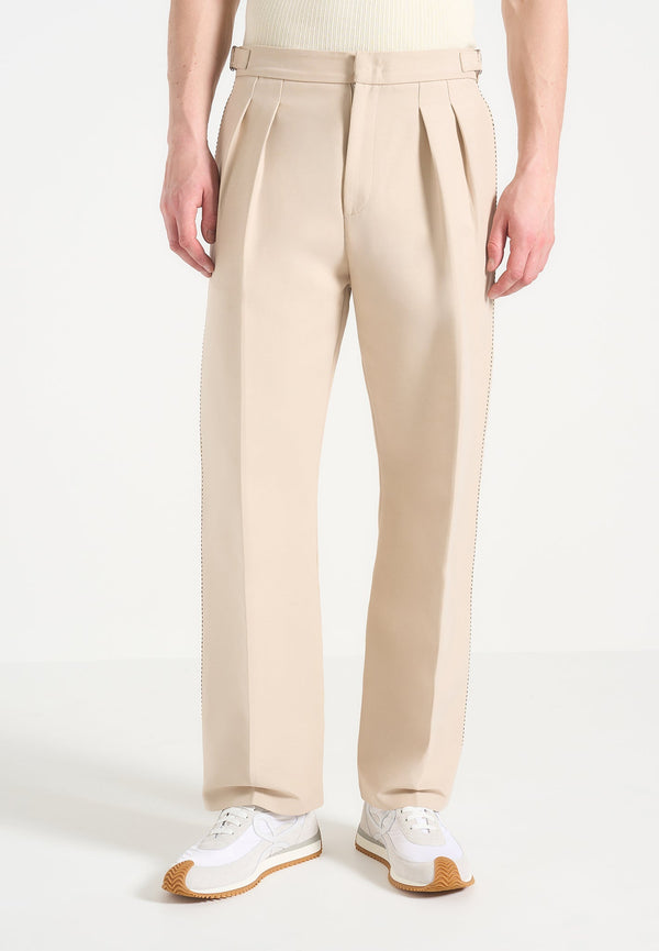 Nolan - Twin Pleat Chino Trousers with Stitch Detail - Beige