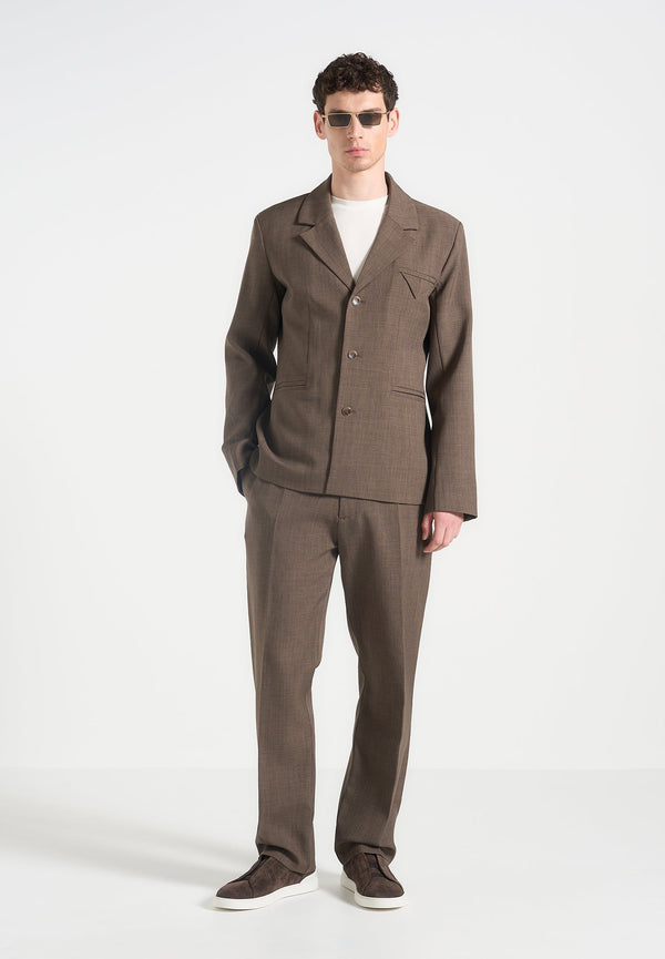 Bastien - Single Breasted Hatched Tailored Suit Jacket - Light Brown