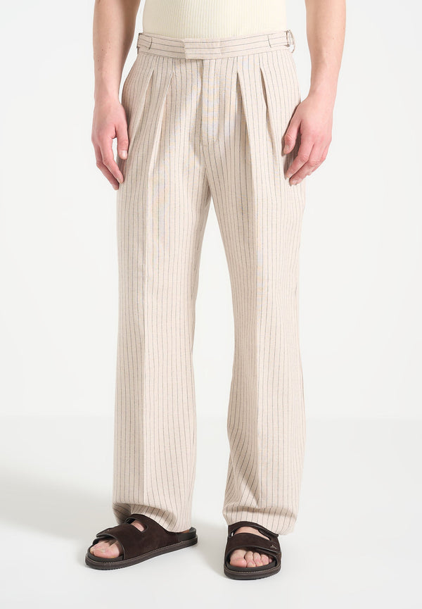 Pierre - Relaxed Fit Pinstripe Pleated Tailored Trousers - Beige