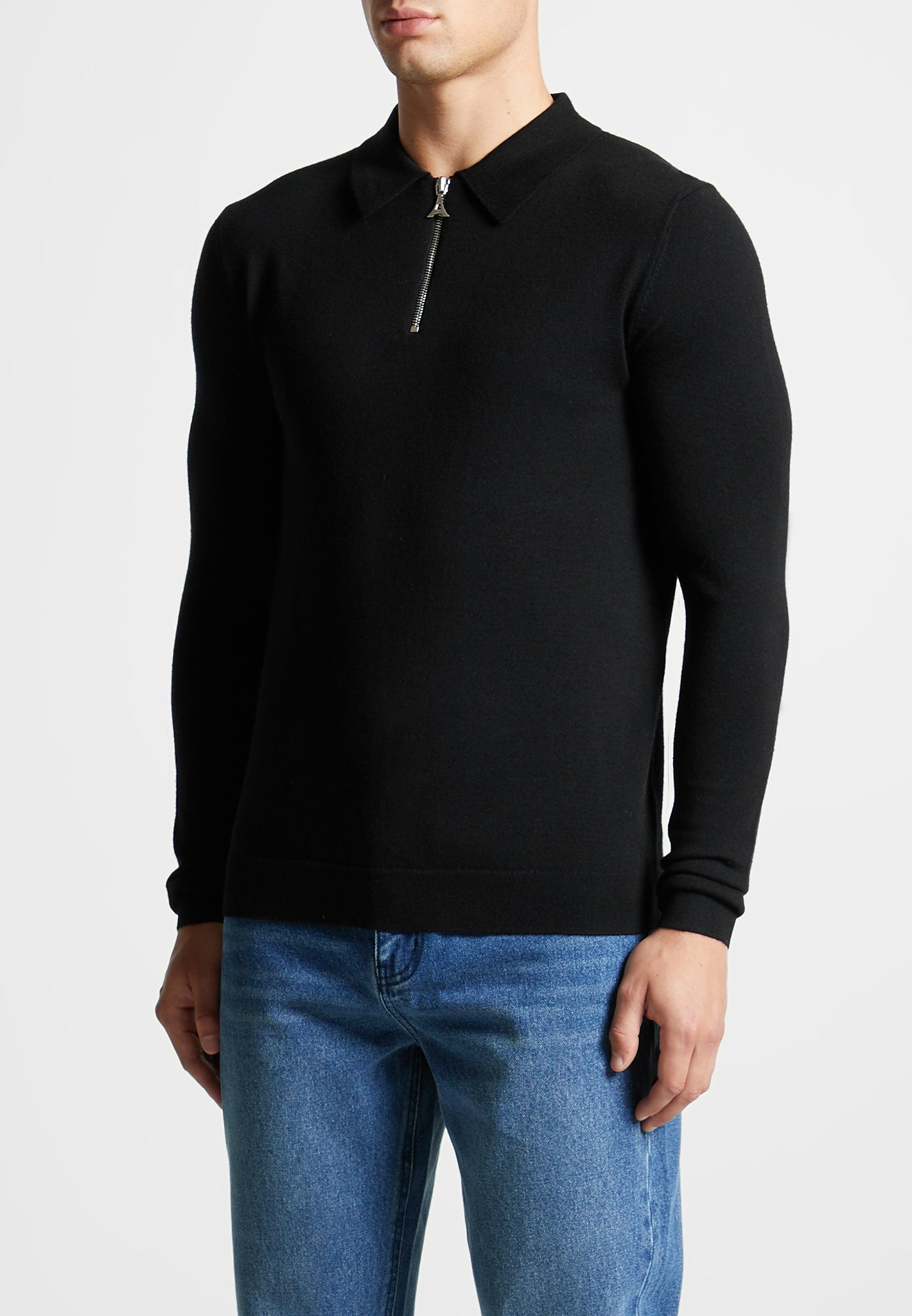merino-wool-long-sleeve-polo-top-with-zip-black