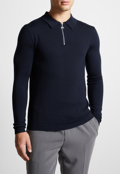 Merino Wool Long Sleeve Polo Top With Zip - Navy | Manière De Voir