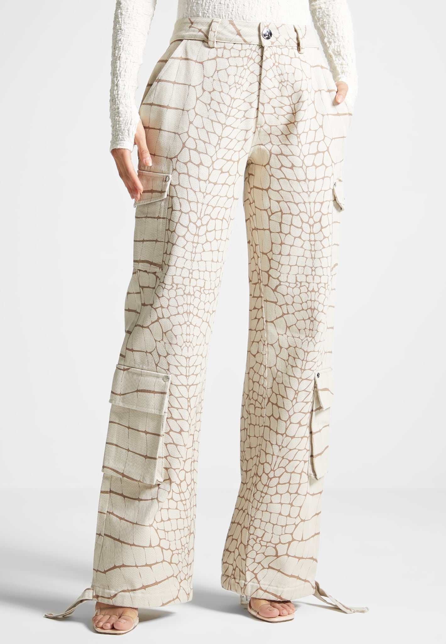 Mid Rise Croc Print Cargo Pants - Beige