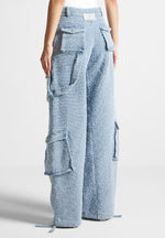 high-waisted-boucle-denim-cargo-pants-blue