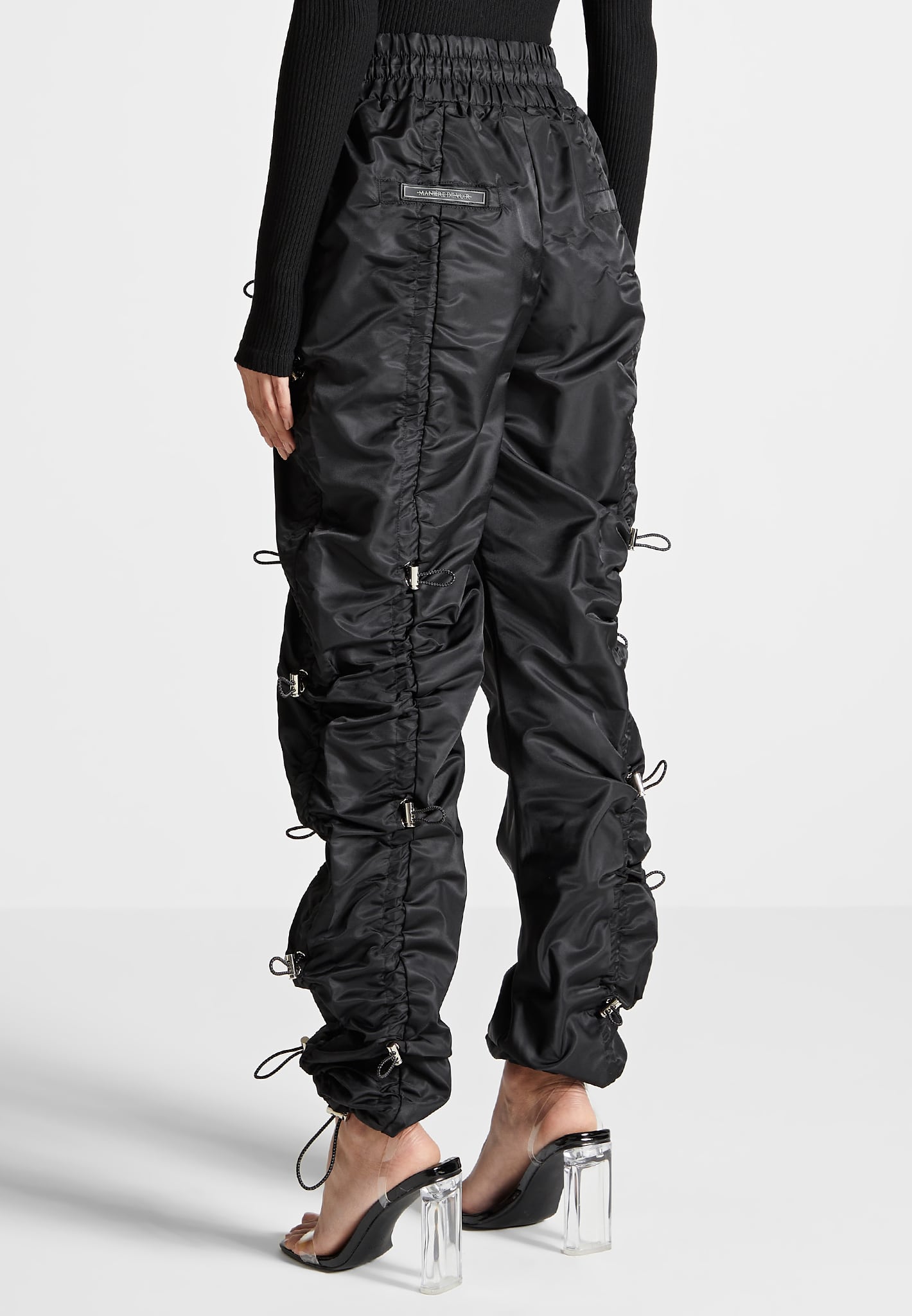 nylon-bungee-ruched-cargo-pants-black